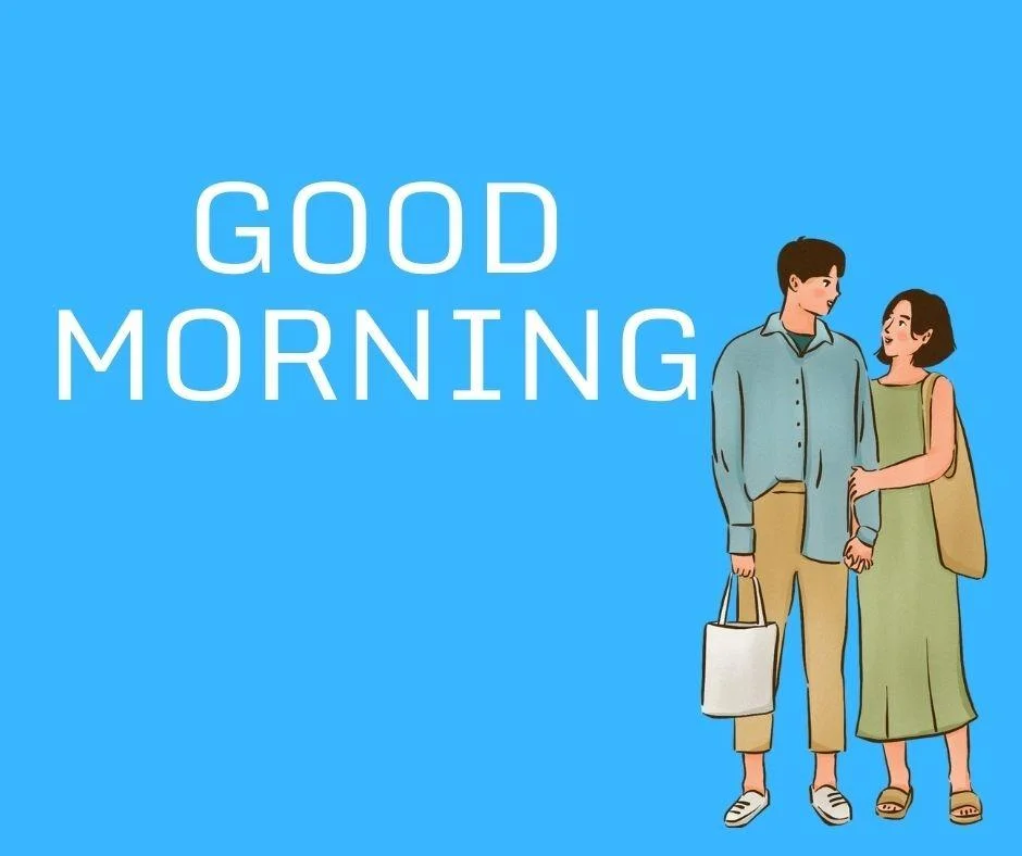 Blue background with white text colour girl holding the hand good morning love image