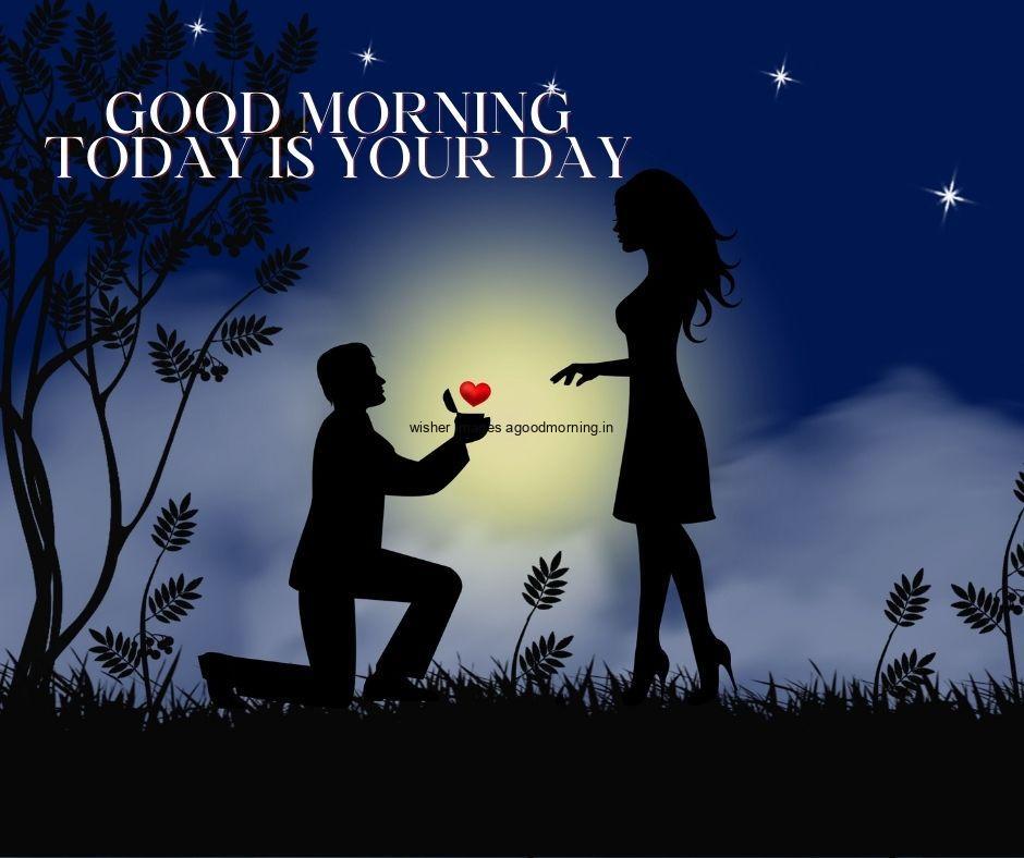 Boy parpose the girl on the knee with blue background, the boy's hand red heart for girl good morning quote