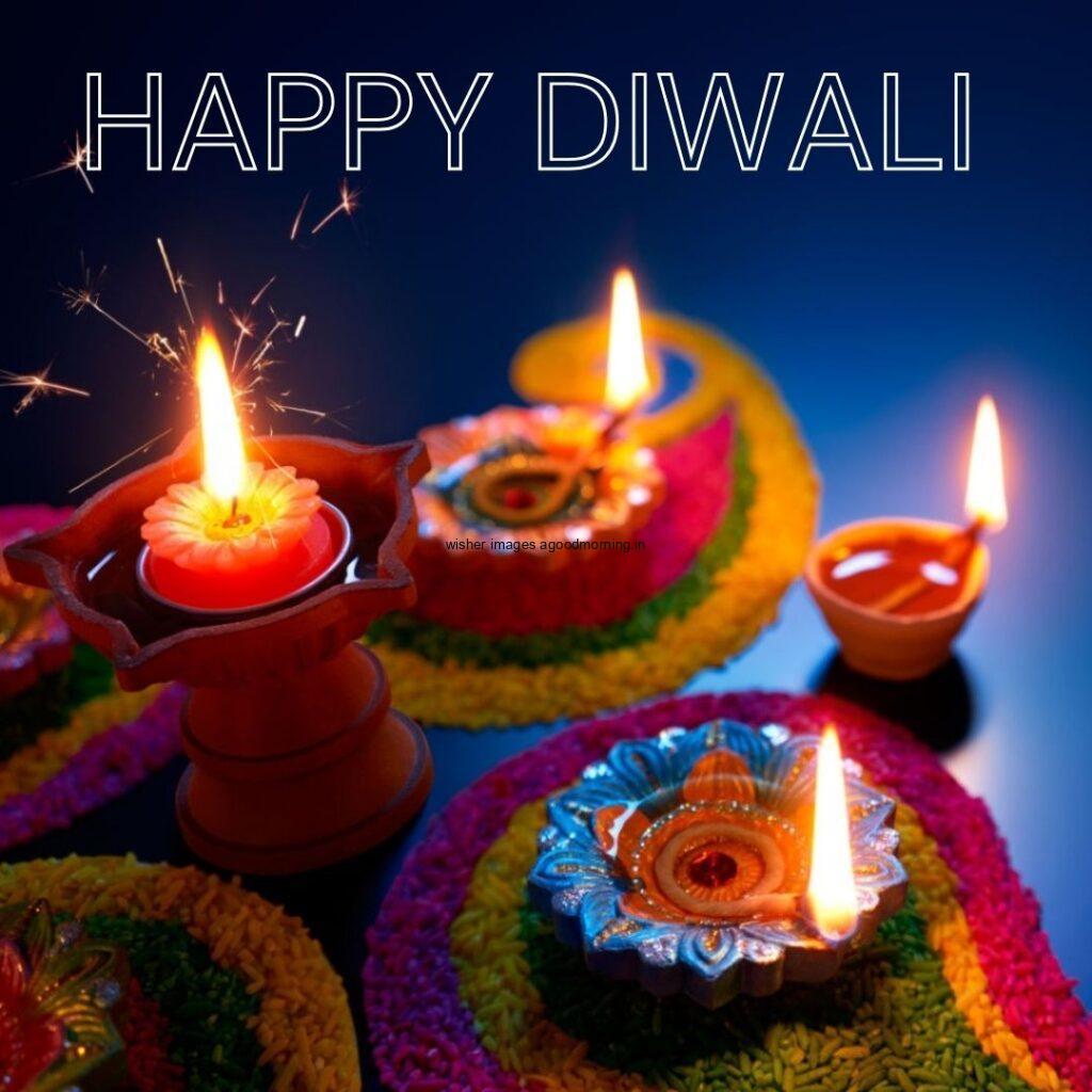 colourful diya with rangloi happy diwali images with blue background