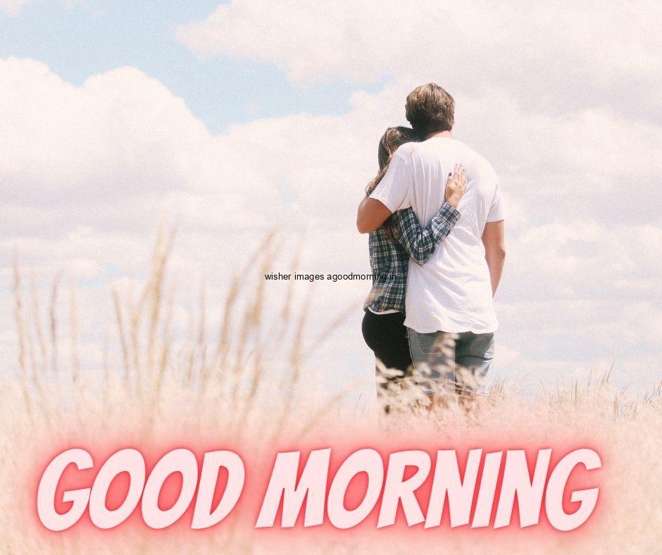 Couple each other with good morning quote with red blur effect is set background have white sky