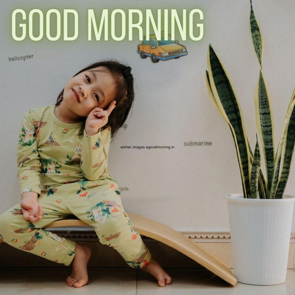 Cute girl with plants grey background is setup, good morning quote i placed