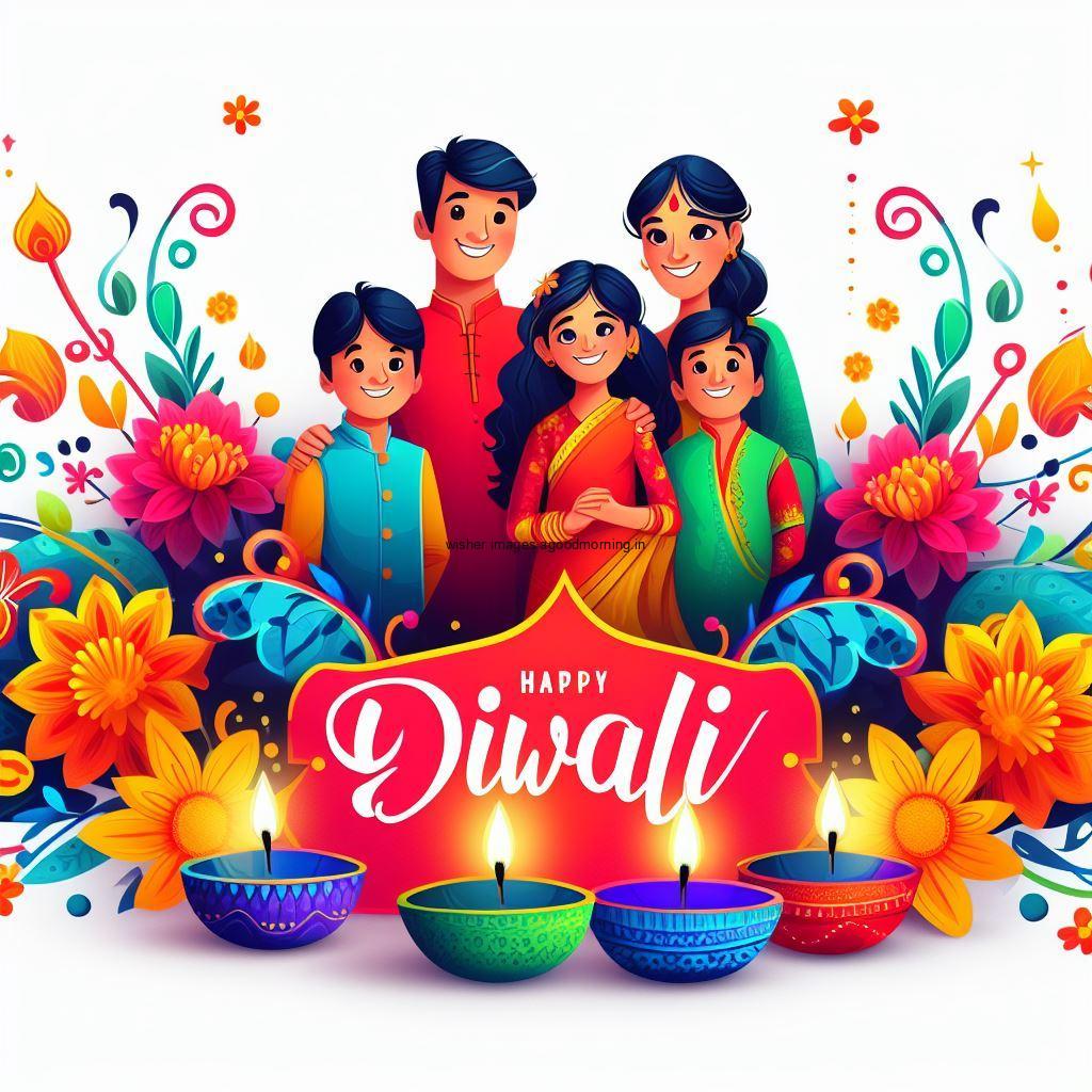 50+ HD Happy Diwali images 9 family placed with white background infront of diya and flowers beautiful images happy diwali images beautiful diya