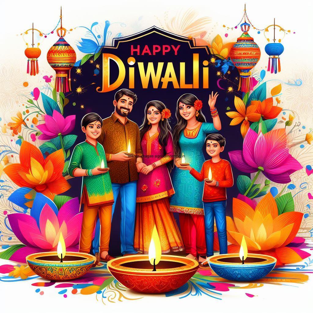 family placed with white background infront of diya and flowers beautiful images happy diwali images