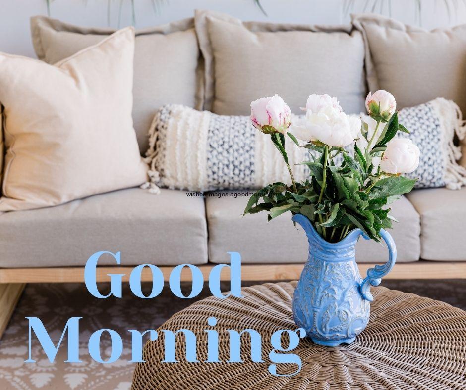 flowers-in-blue-vase-on-brown-tables-good-morning-flowers-images 60+ Good Morning Flowers images download & share