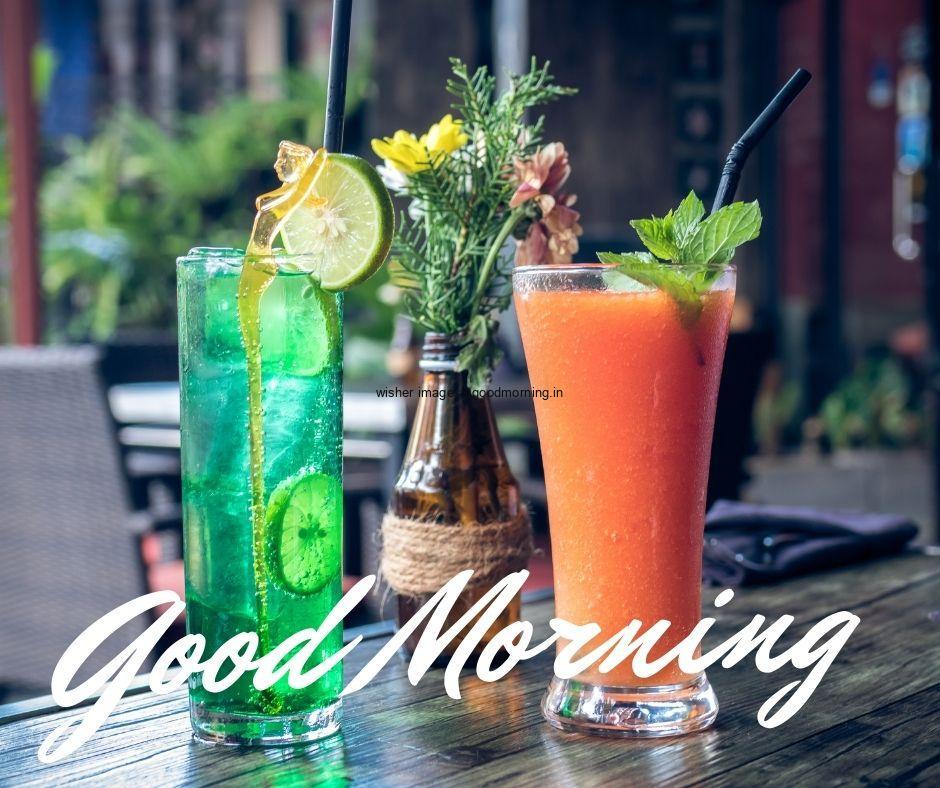 fruits with jucie with sky blue background with good morning text good morning image Three jucie cafe background