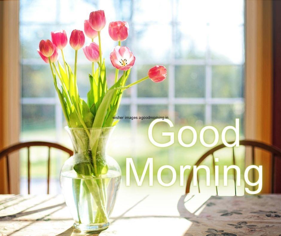 glass-vase-with-leaf-with-flowers-good-morning-flower-images-table-and-chair-with-window-view-is-visible 60+ Good Morning Flowers images download & share