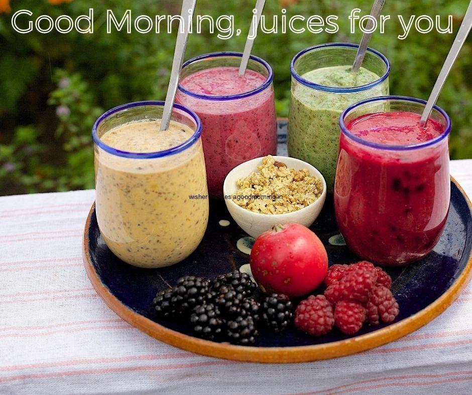 Good morning food images with four juices on plate and fruits