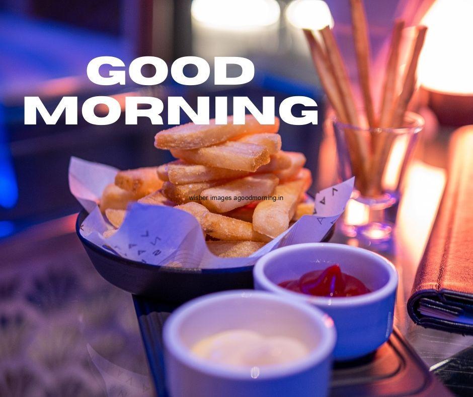 Good morning food quote is paced brown plate on fast food burger, patote on blue