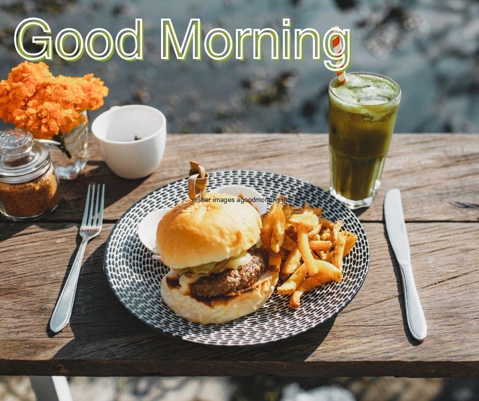 Good morning food quote is paced brown plate on fast food burger with drink