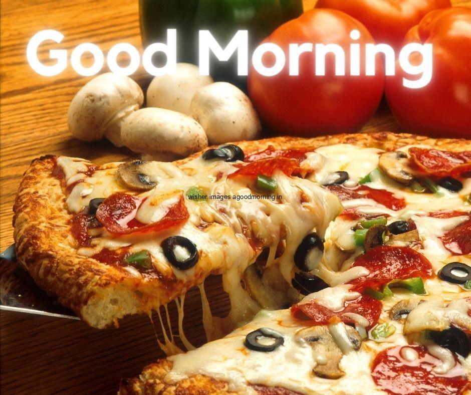 Good morning food quote is paced brown plate on pizza with topping