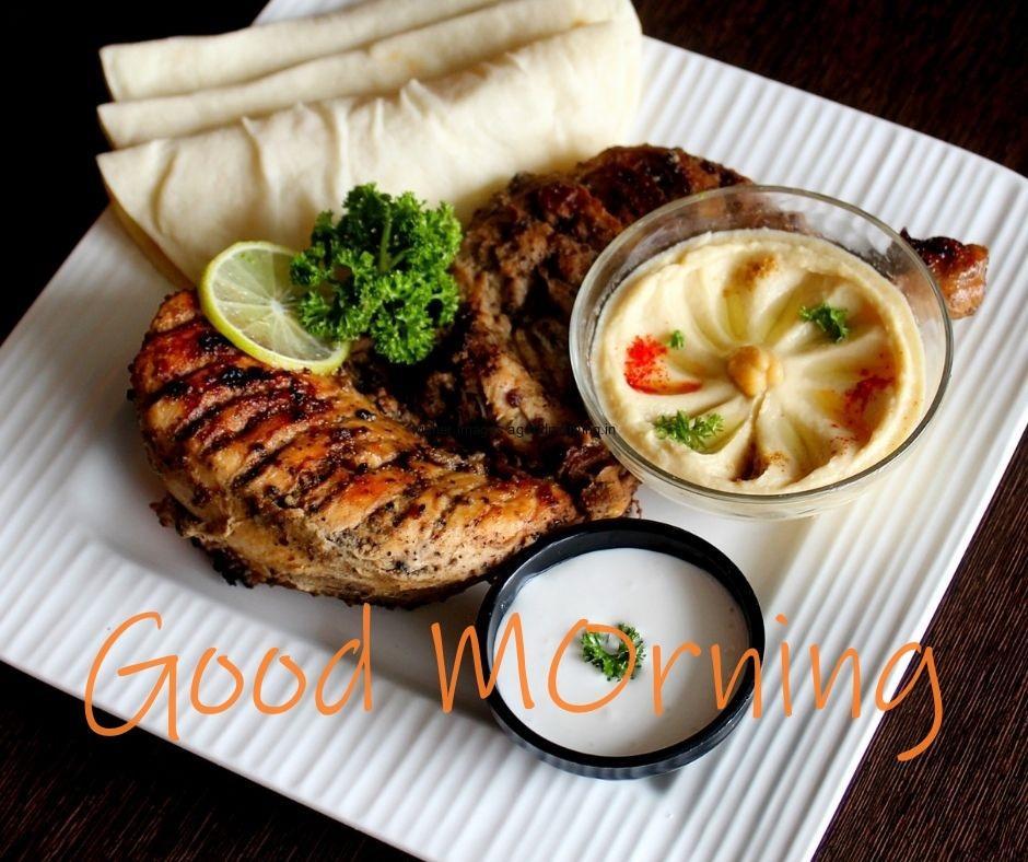 good morning quote is placed, chiken piease on the white plate good morning quote is placed