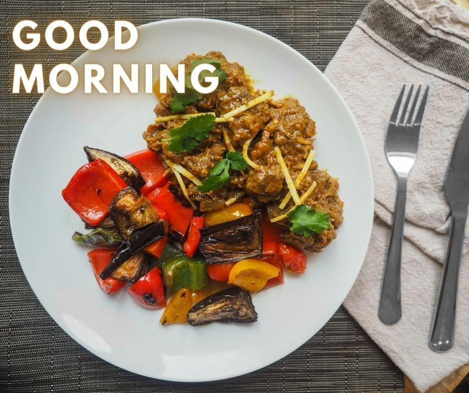 good-morning-quote-is-placed-on-the-top-left-coner-white-plates-with-amzing-food 50+ Good Morning food images Free download