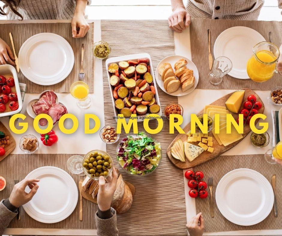 50+ Good Morning food images Free download 7 good morning quote with foue white plates and lot of food on the table