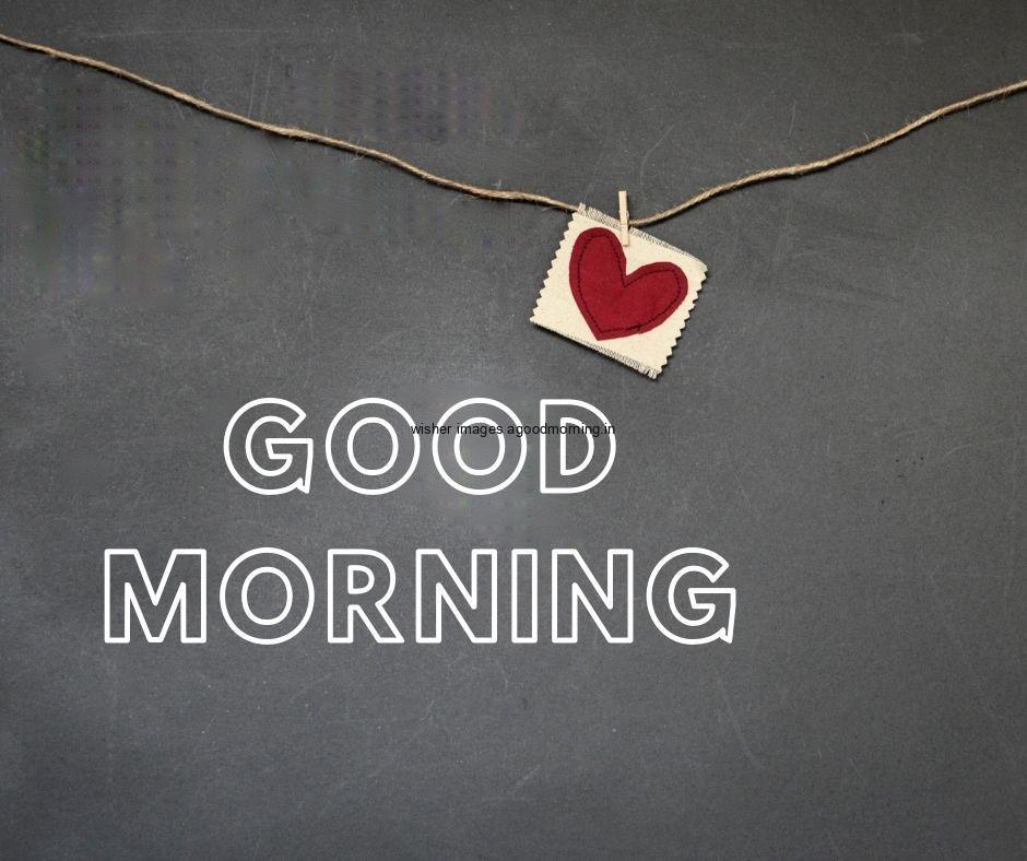 Good morning text style with lines red heart is hang with rope background is grey