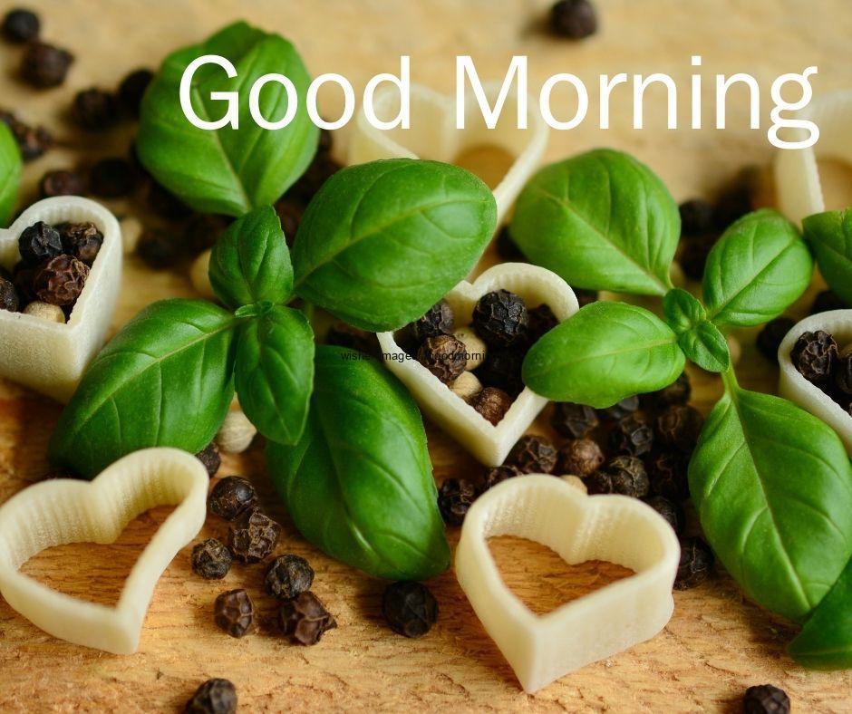 green leafs with heart shape pasta good morning