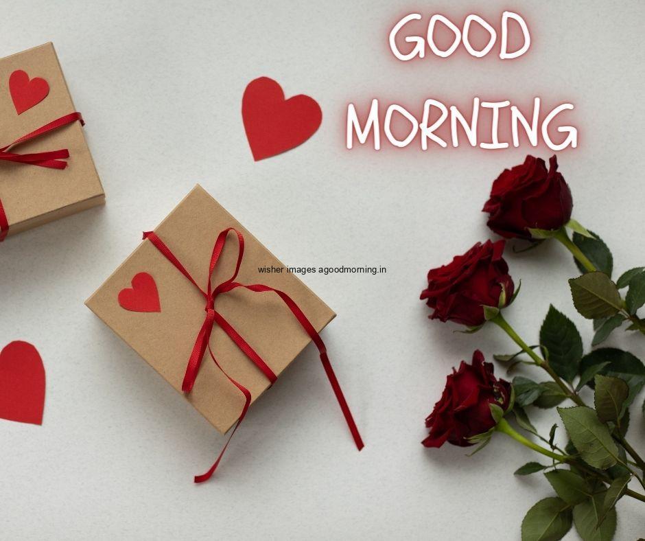 grey colour background with breautiful light brown colour gift box red ribbon good morning images box