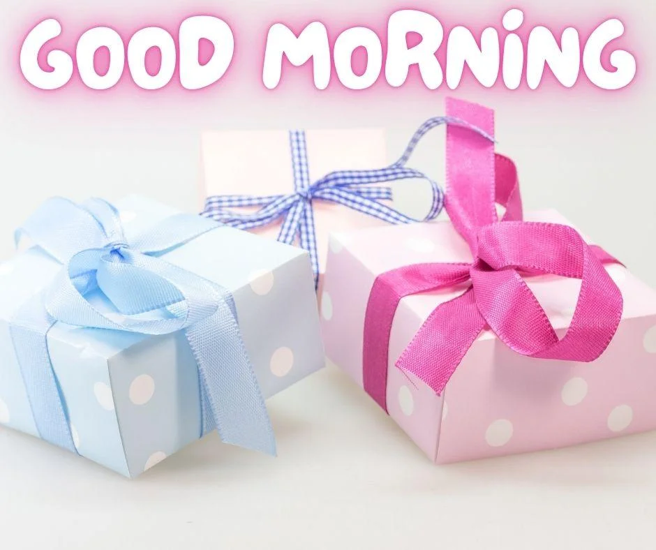 grey colour background with breautiful white,blue and pink colour gift boxes, with pink,sky blue ribbon good morning images box