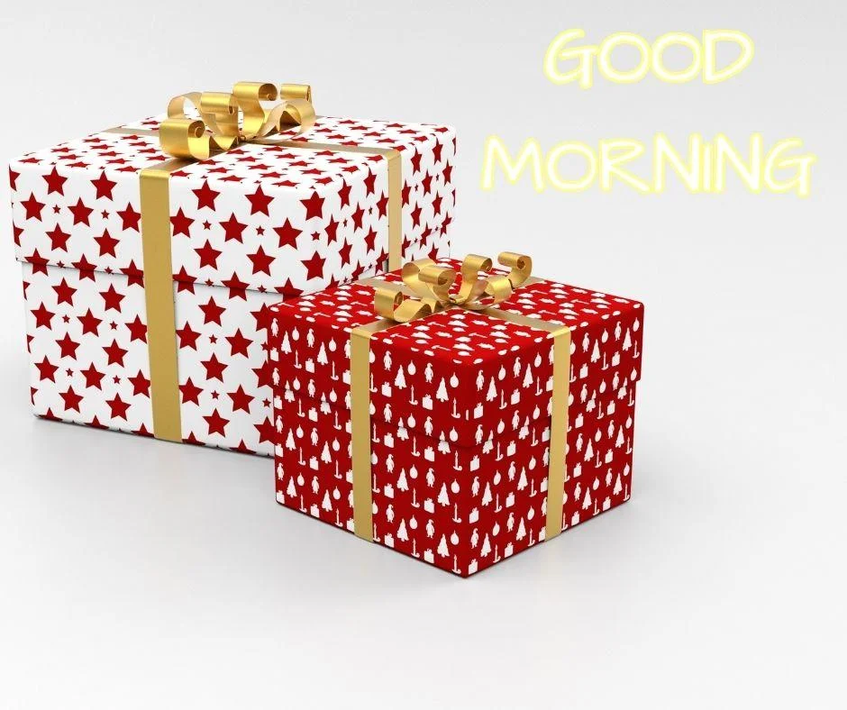 grey with white colour background with breautiful white and red colour gift box good morning images box