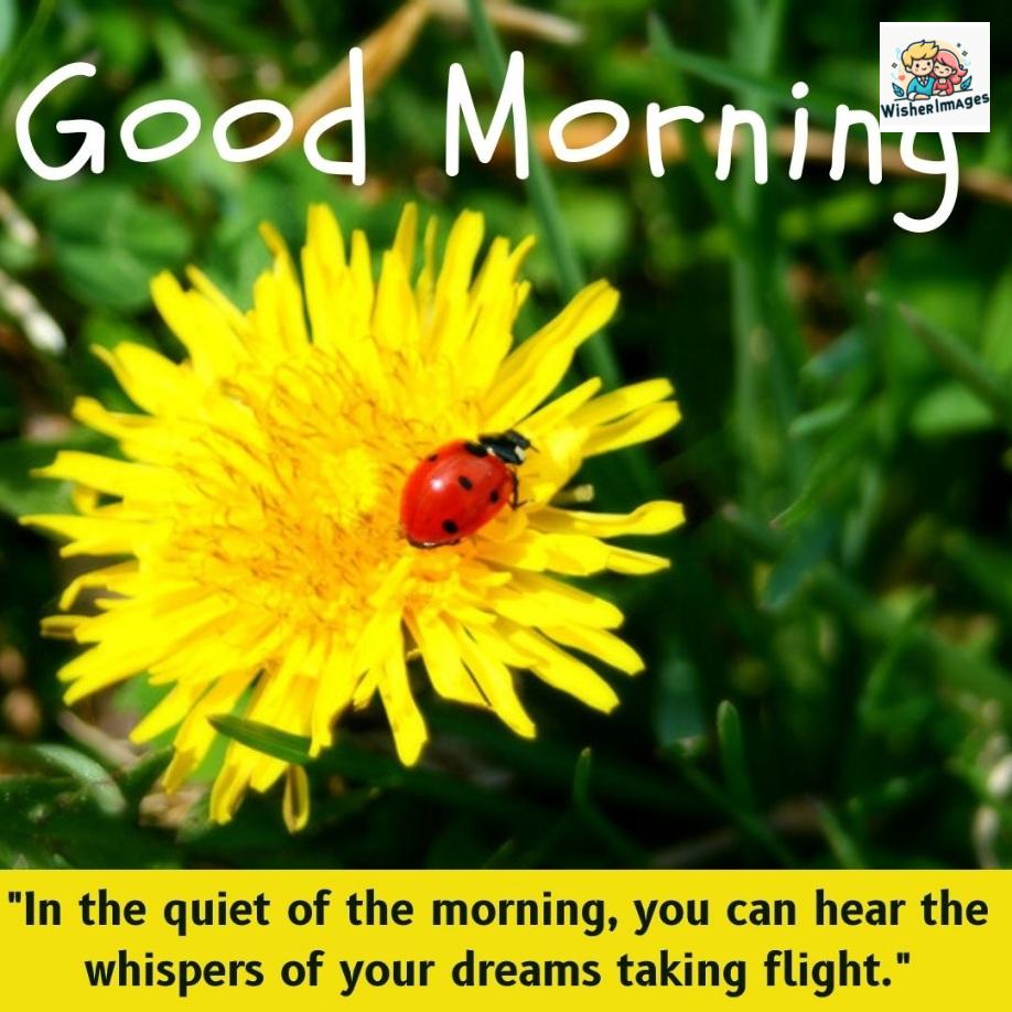 Ladybug on yellow flower good morning quote is placed