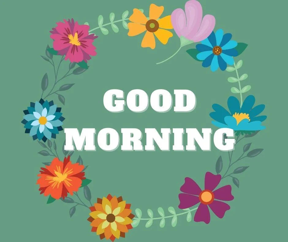 70+ Good Morning Flower Images 26 light green background circle creates purple flowers with leaf good morning flower image good morning text with white