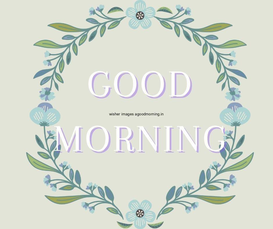 light grey background purple flowers with Green leafs Creates ring good morning flower image good morning text with white