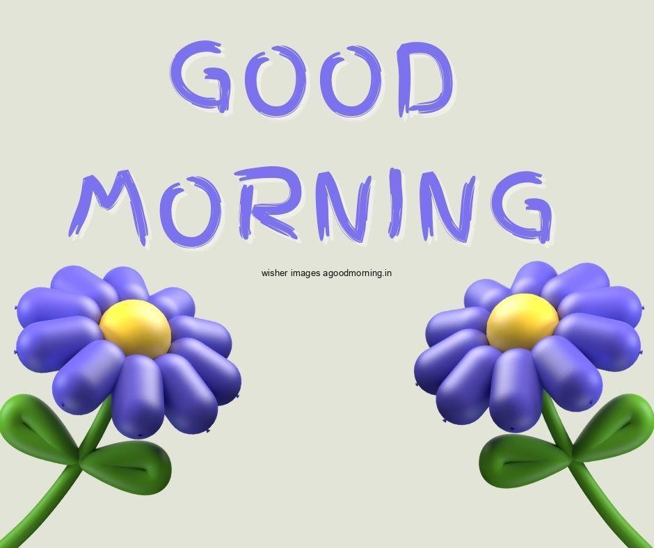 light purple with grey background blue flowers with Green leaf good morning flower image good morning text with Blue