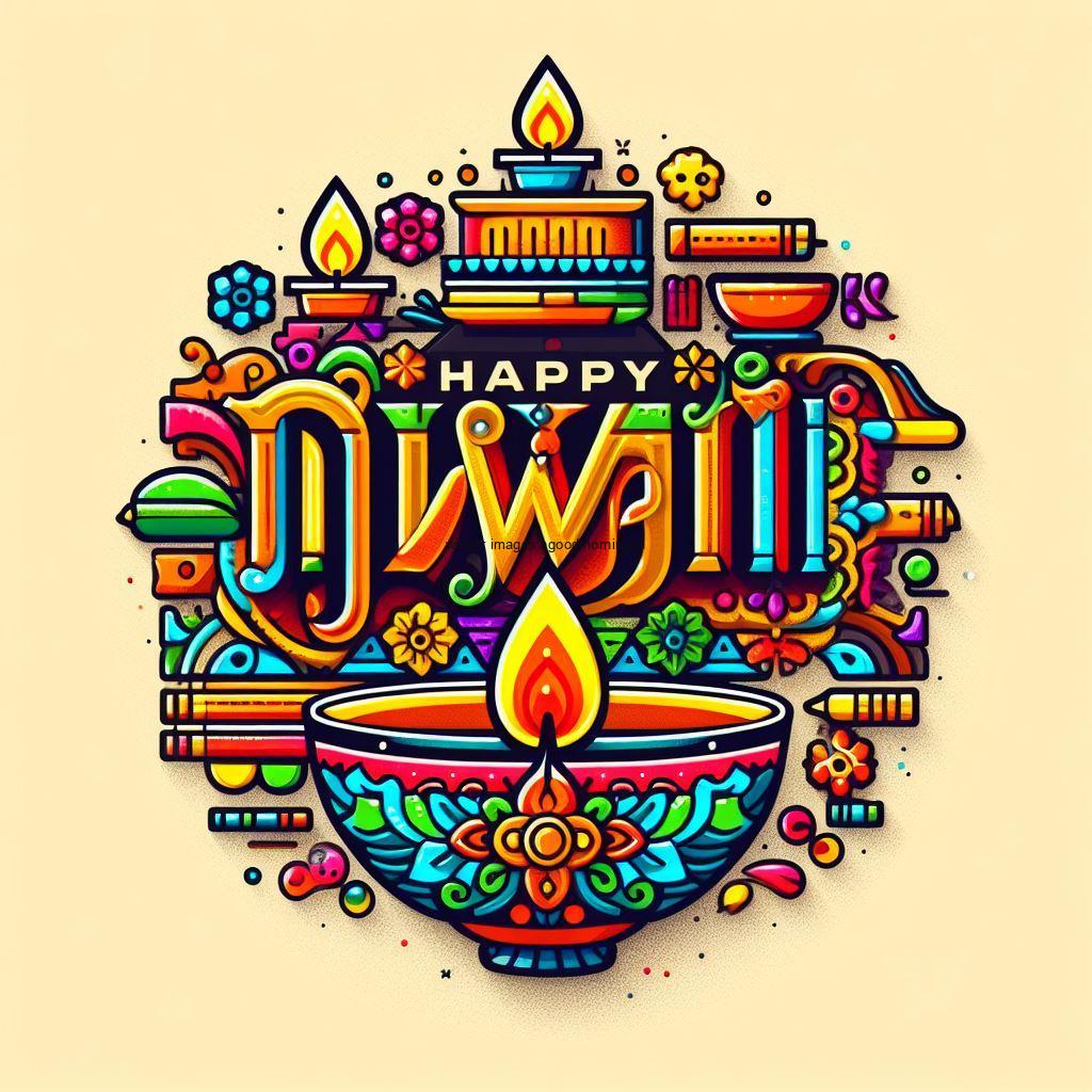 many diya and big diya with light brown background colourful art with happy diwali image