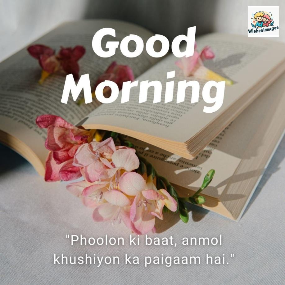 Pink flowers are inside the open book good morning quote is placed