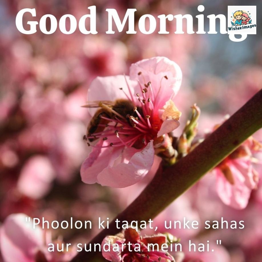 Pink flowers with green background, flower placed on stamp good morning quote is placed