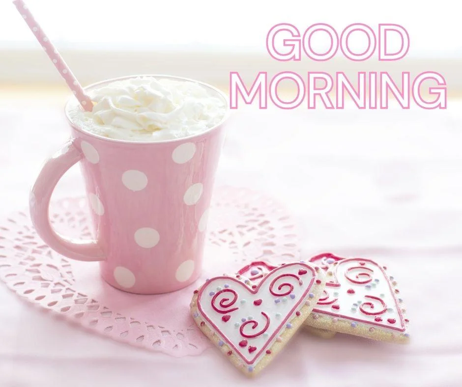 pink with white background, pink cream in the cup, pink colour text good morning love image
