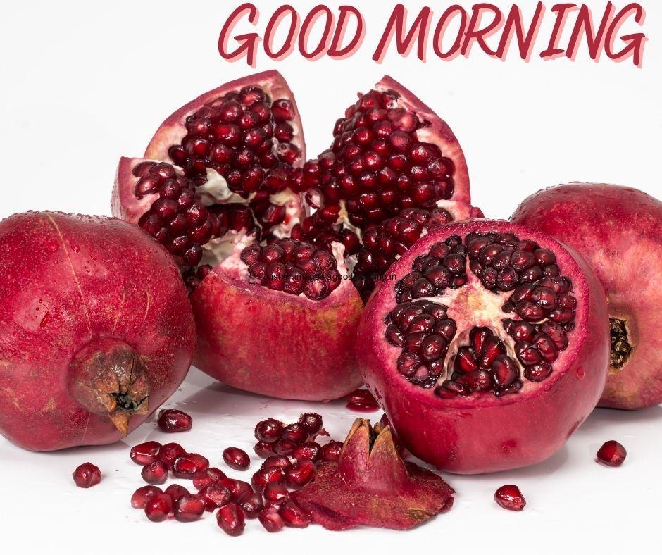 Pomegranates with white background good morning image text colour red with white border