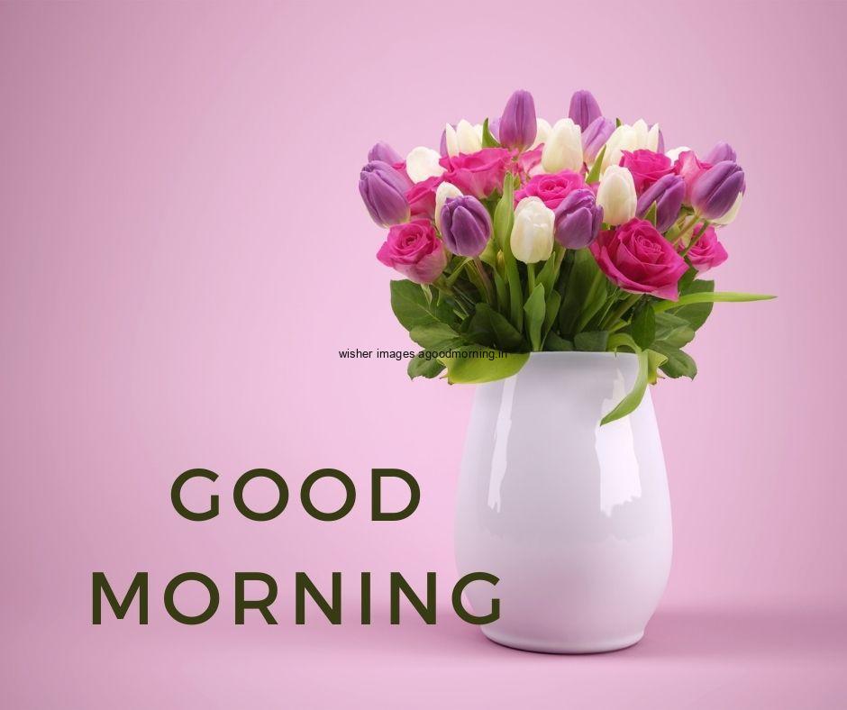 Purple background with white vaes many flowers with good morning quote is placed text colour is purple