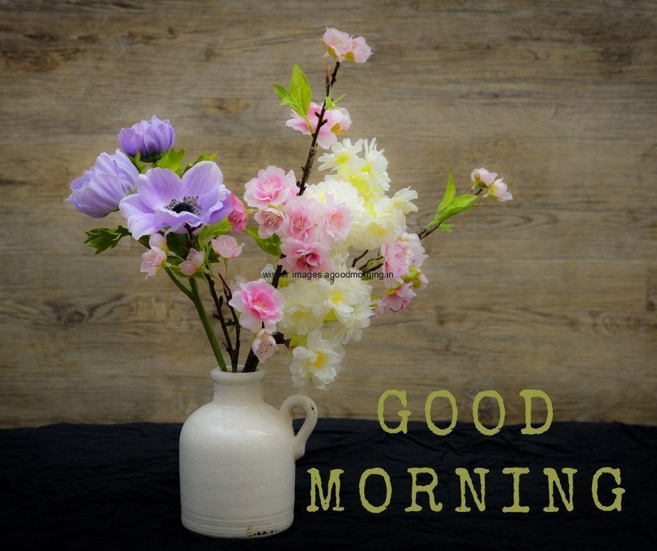 Purple flower, white flower, yellow flower with white vase good morning flower image