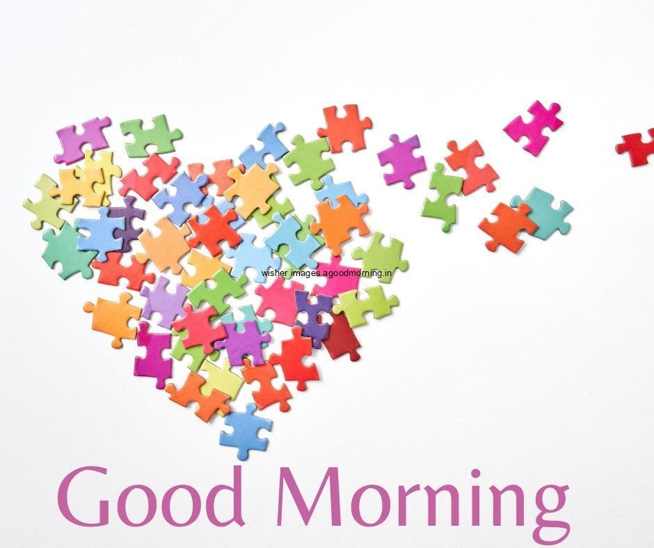 puzzle items create heart with Grey background good morning images with random colour