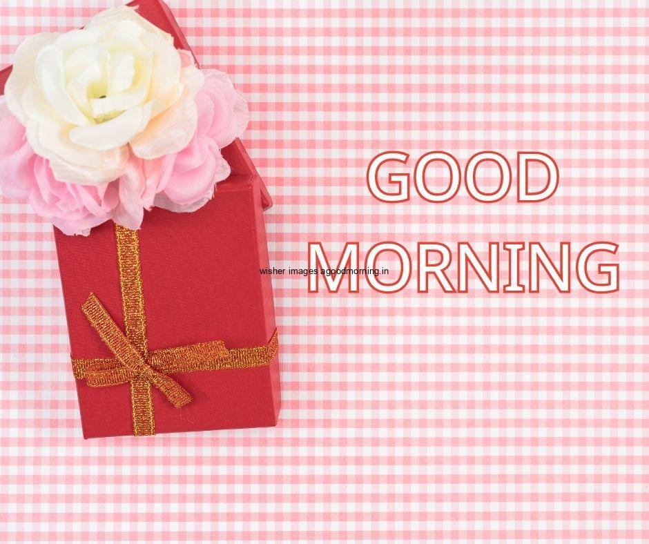 red-gift-box-with-yellow-ribbon-pink-background-with-good-morning-image 69+ Good Morning Images With Gift Boxes