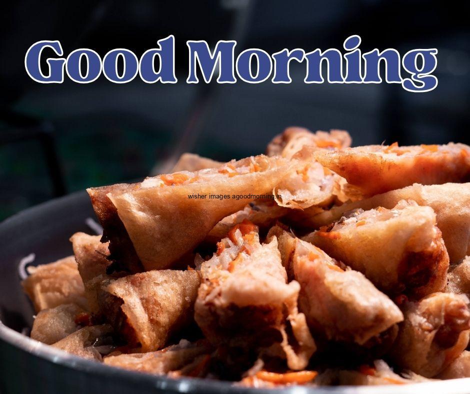 samosa-on-the-black-plate-good-moning-quote-with-vegetable-bowl-in-the-bowl-vegetable-is-placed- 50+ Good Morning food images Free download