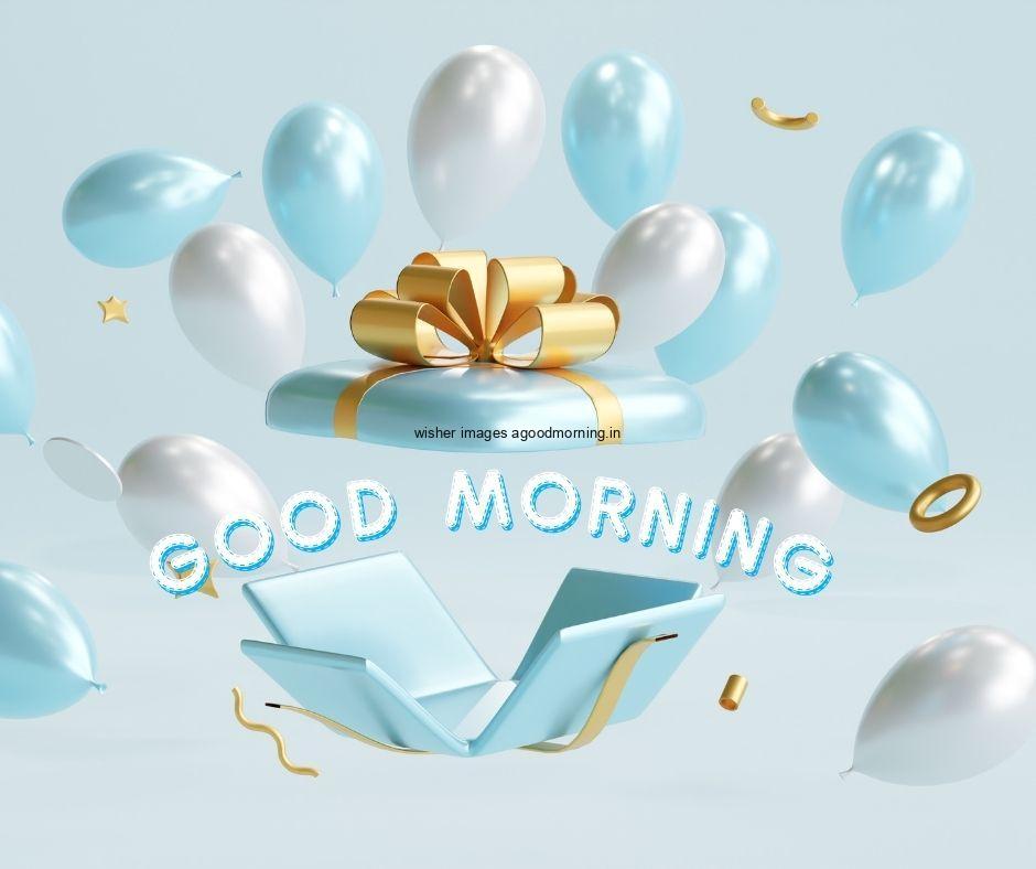 sky blue colour background with breautiful blue colour gift box with golden ribbon and white and blue many ballon good morning images box