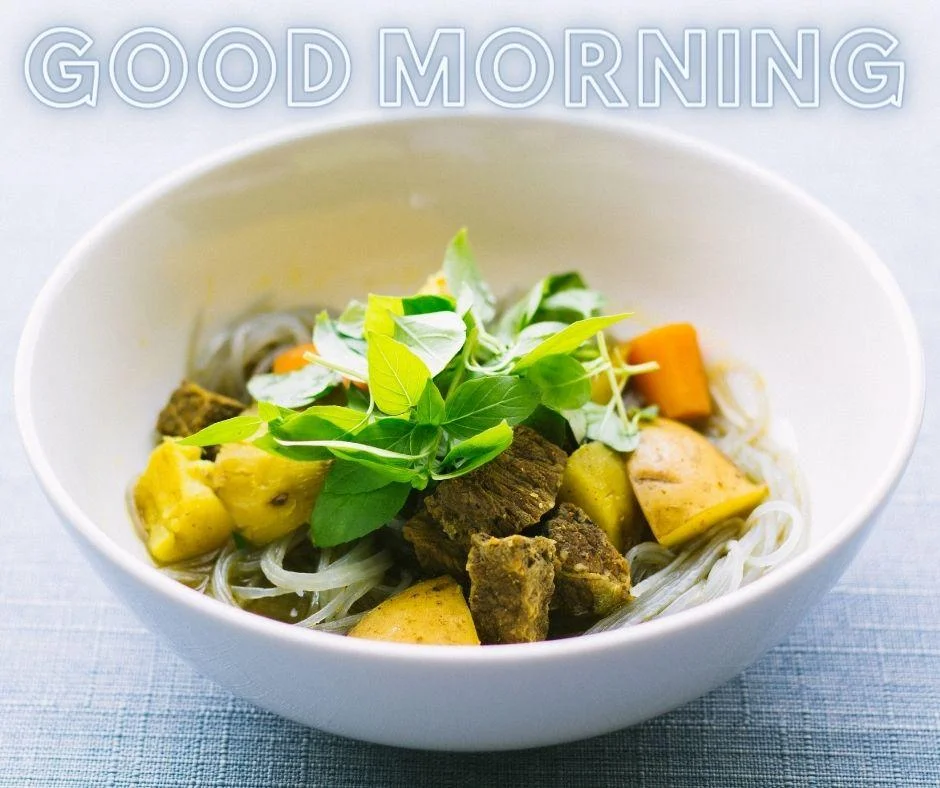 vegetabke in the white bowl blue good morning quote is placed