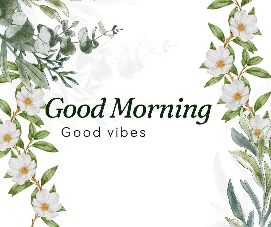 White flowers with green leafs good morning quote is placed