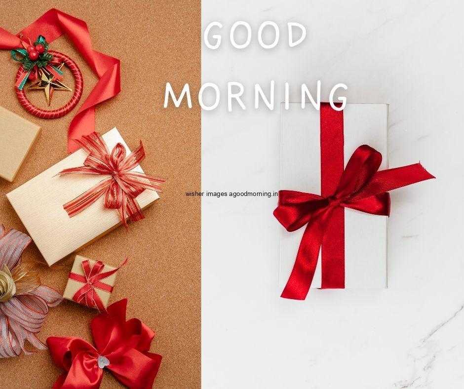 white with golden colour background with breautiful brown, white colour gift with red ribbon box good morning images box