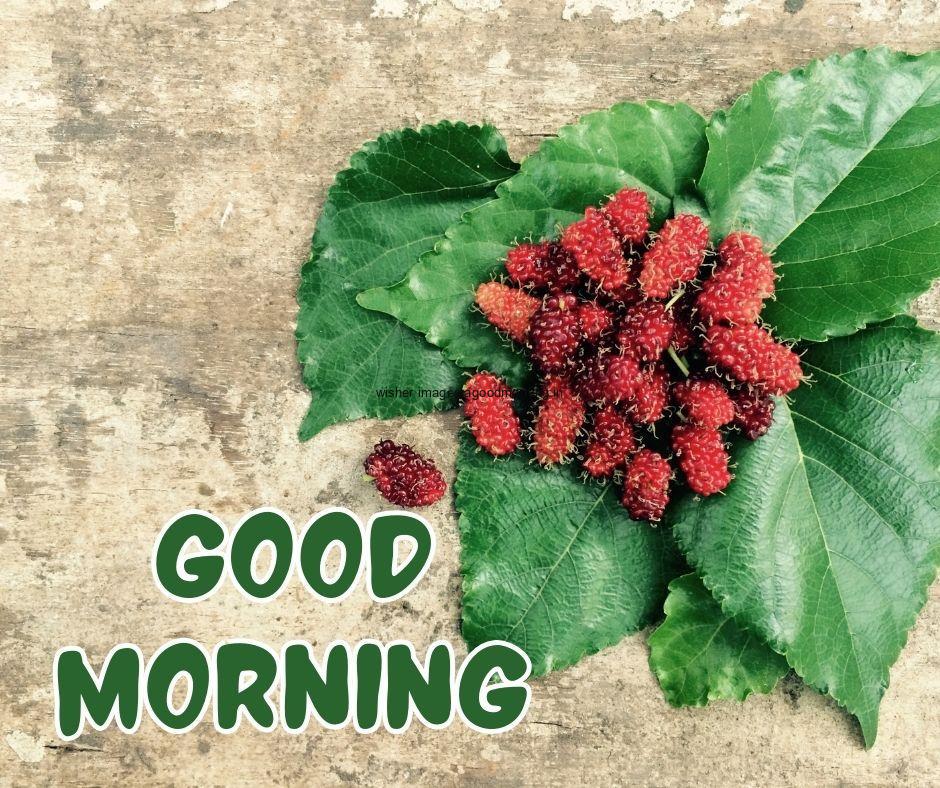 wooden background with red mulberry on green leaf good morning image text colour yellow with white border