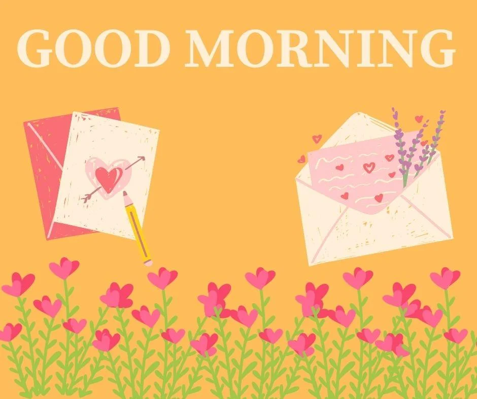 yellow background with good morning love quote is placed, letter and envlope many pink flowers green leaf