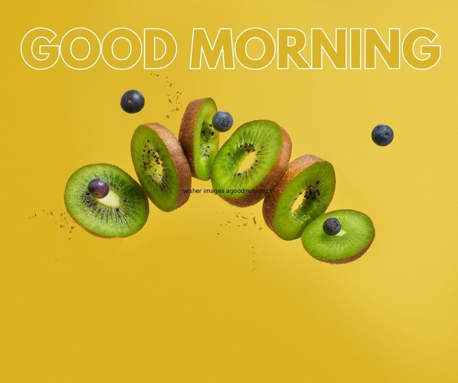 yellow background with kiwi placed good morning image white border