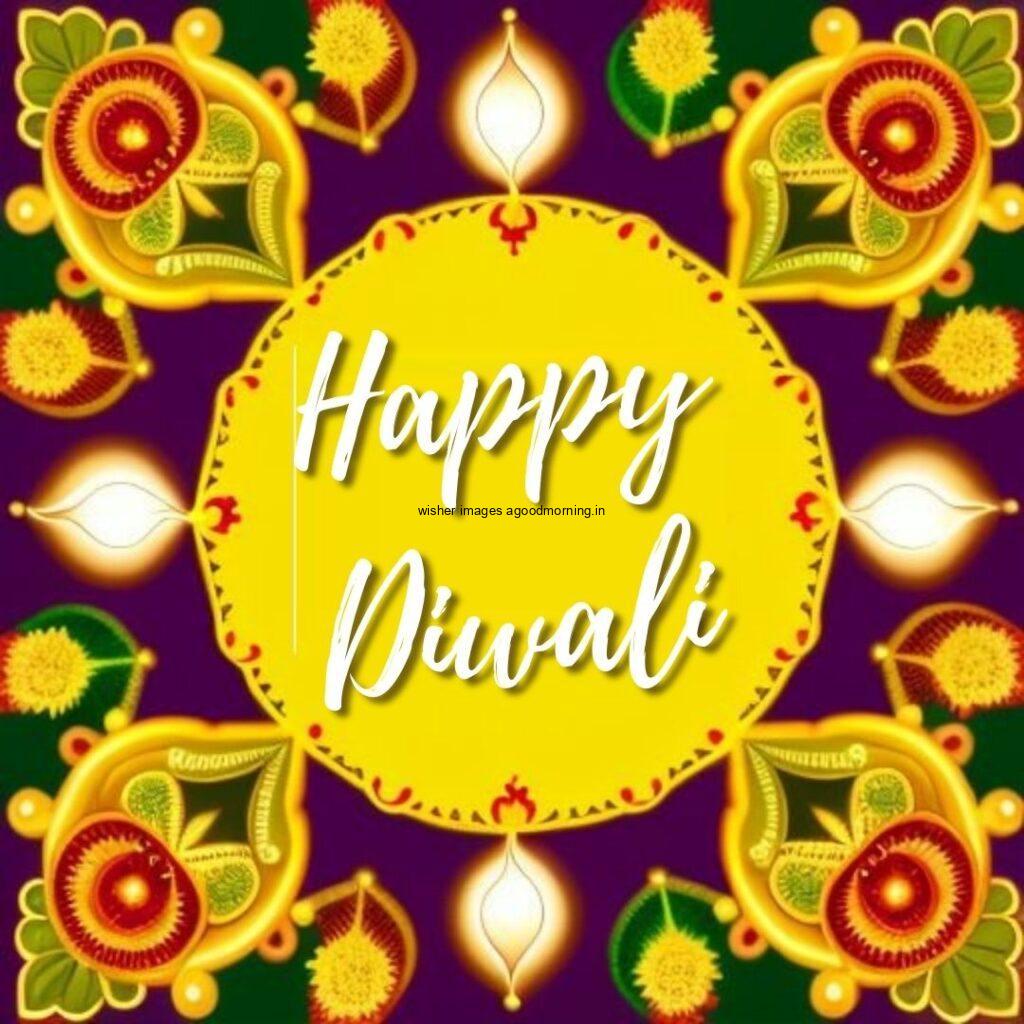 yellow circle with every edges have diya happy diwali purple background with white diya happy diwali image