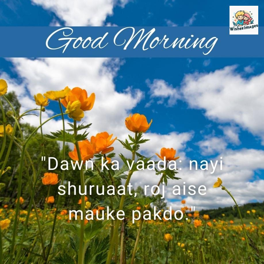 Yellow flowers with green grass sky with clouds good morning quote is placed