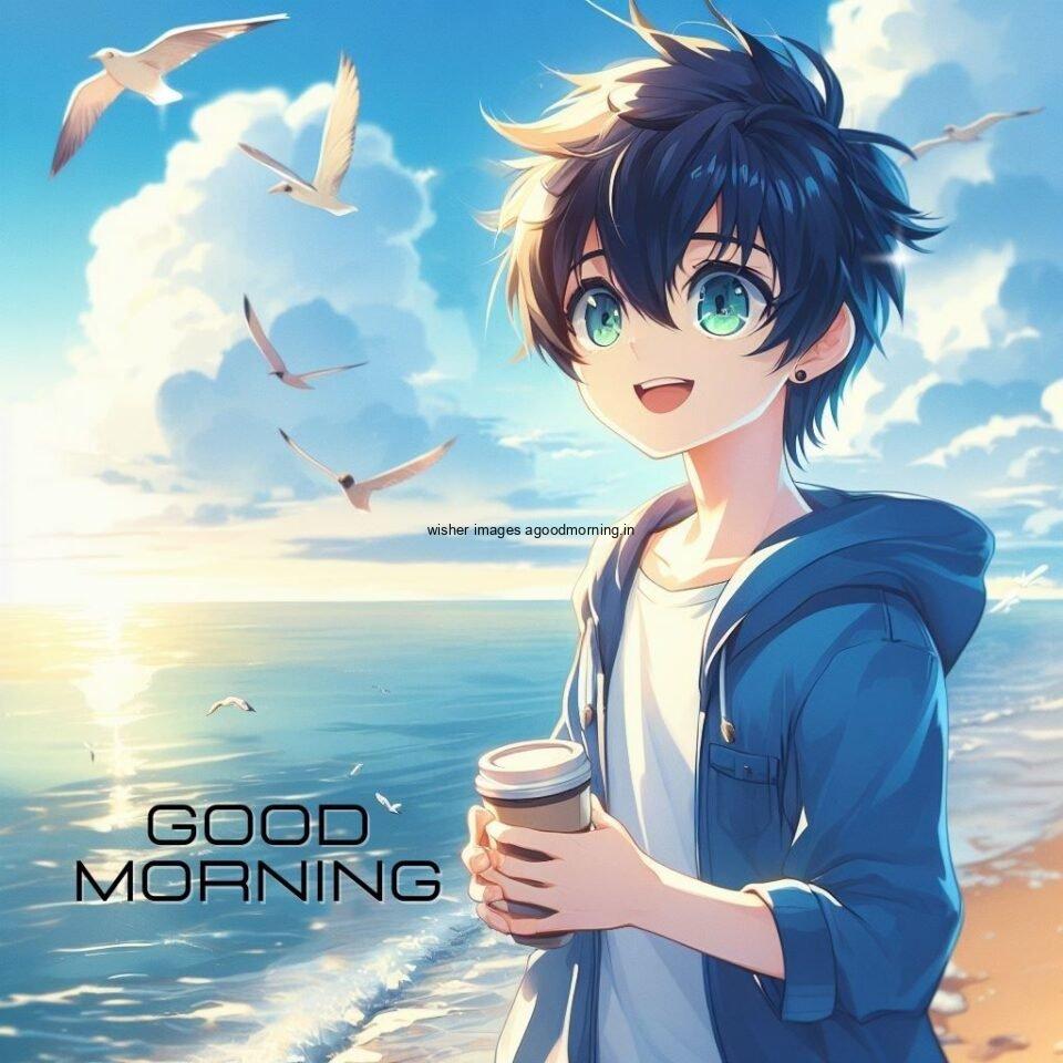 Anime boy standing and behind the boy beautiful background with white clouds birds and sea good morning love images