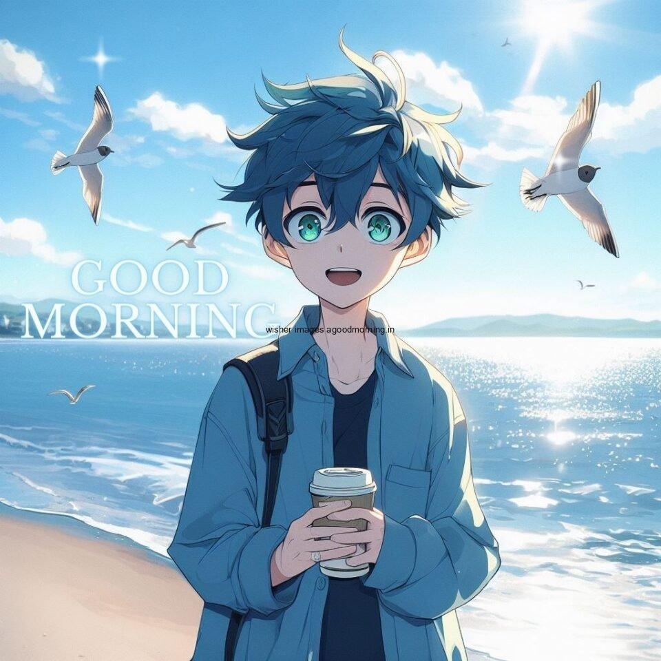 Anime boy standing the boy have big eyes and behind the boy beautiful background with white clouds birds and sea good morning love images