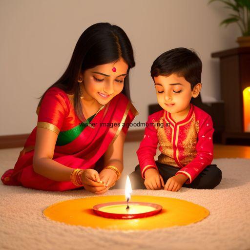 Beautiful background with amazing rangloi placed happy diwali images mom and son