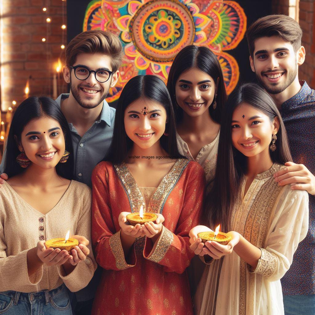 Boys and girl celebrate the diwali behind the people big rangloi happy diwali image