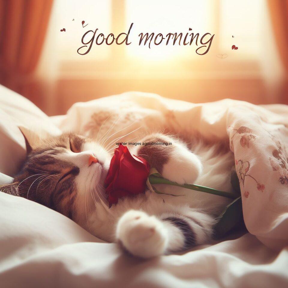 Cat seating hold the rose in side the bed HD good morning images sunset is behind the cat amny roses are placed on the window good morning placed on white note